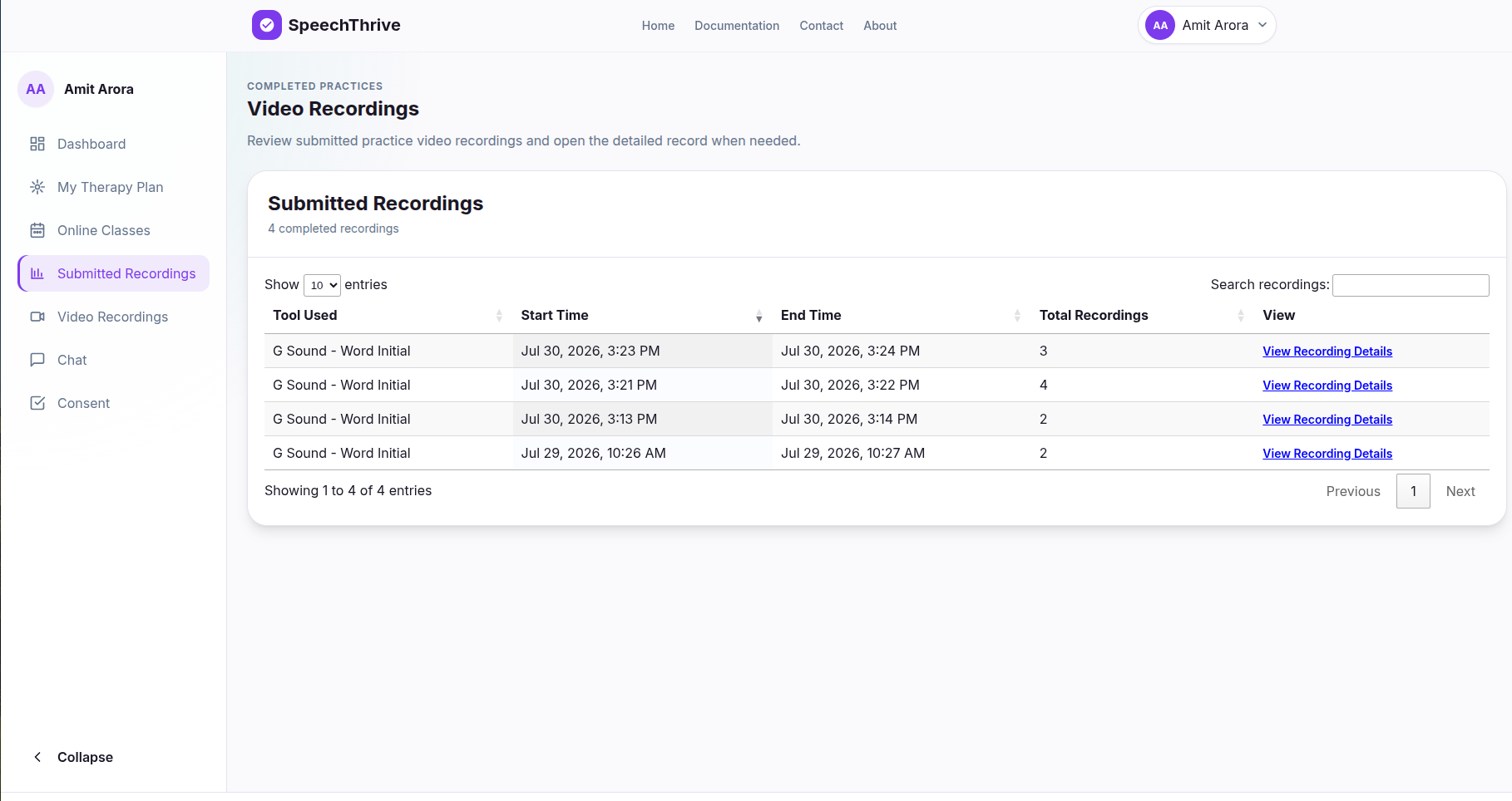Completed therapy tasks and feedback page