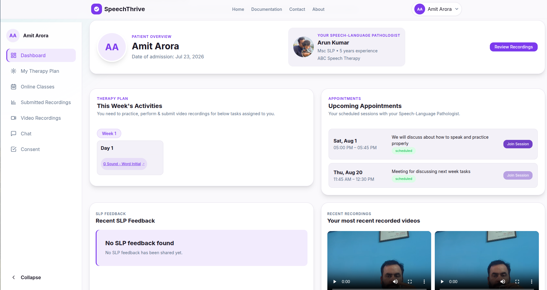 Patient dashboard with weekly therapy activities