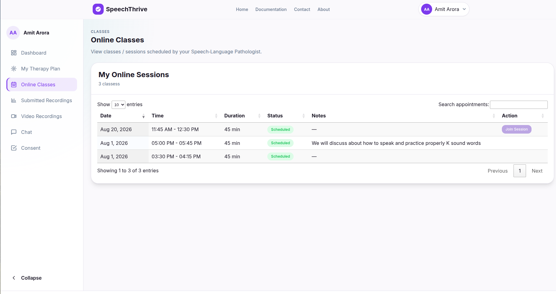Patient online sessions page